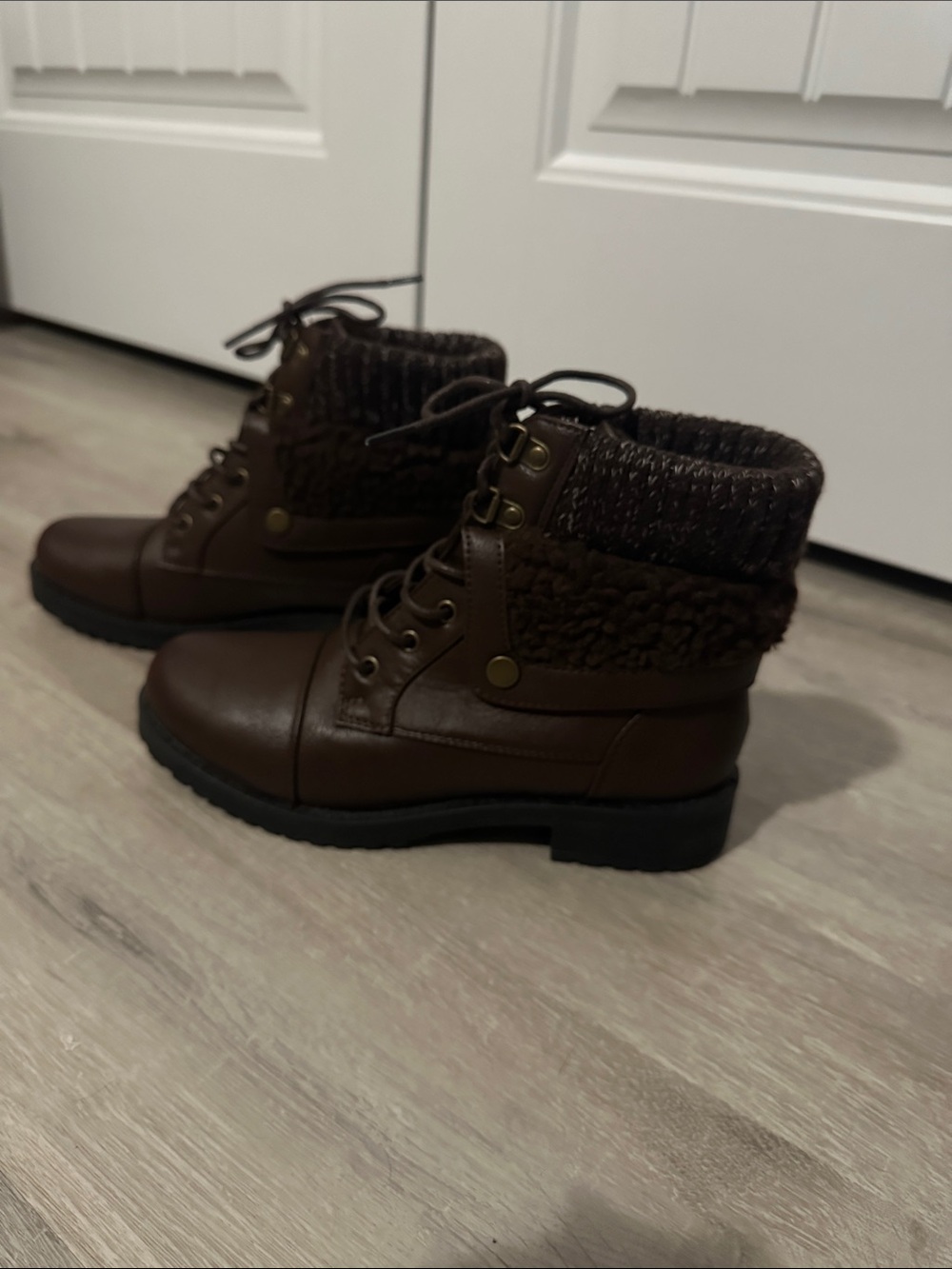 New Women's Brown Lace-Up Faux Leather Boots with Knit Cuff